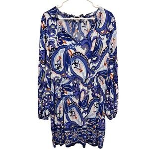 Crown & Ivy Paisley Boho Dress Womens Large Blue Long Sleeve Smocked Waist